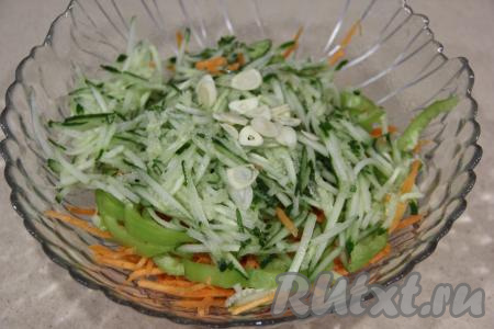 Чеснок почистить и нарезать на тонкие лепестки. В салатнике соединить морковь, огурец, болгарский перец и чеснок.