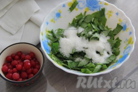 Щавель промыть под водой, обсушить и нарезать на полоски шириной 1 сантиметр. Соединить щавель и 2 столовые ложки сахара, перемешать.