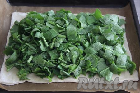 Выложить щавель пышной шапкой на тесто, немного отступив от краёв.