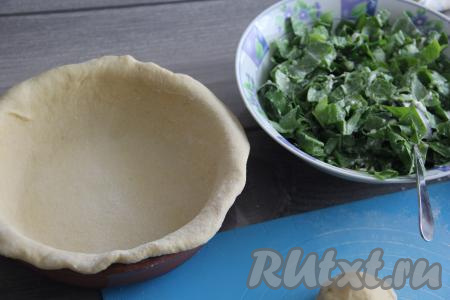 Творог с щавелем перемешать и начинка для пирога готова. Разделить замешанное тесто на две неравные части. Большая часть теста будет основой пирога, а меньшей частью теста будем накрывать начинку. Я выпекала пирог в керамической форме диаметром 20 сантиметров. Большую часть теста на присыпанной мукой поверхности раскатать в круг, диаметр которого должен быть больше диаметра формы для выпечки. Выложить раскатанное тесто в форму так, чтобы края теста немного свисали.&nbsp;