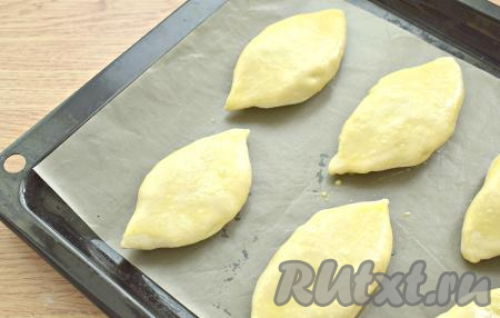 Чтобы пирожки стали румяными, я смазала их смесью их взбитого яйца и столовой ложки молока. В разогретой духовке при температуре 180 градусов пирожки из дрожжевого теста на кефире держала 35 минут.