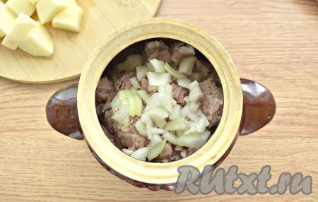 На слой из тушёнки раскладываем оставшийся лук.