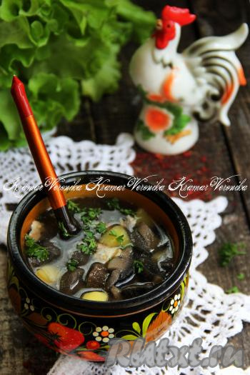 Вкусный, ароматный, сытный грибной суп, приготовленный с курицей и картошкой, разлить по тарелкам, по желанию, добавить нарезанную зелень, сметану и подать к столу.