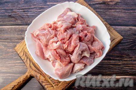 350 грамм мякоти индейки нарежьте на небольшие кусочки и пропустите через мясорубку. 