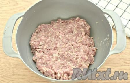 Тщательно перемешиваем фарш с луком и специями. Начинка для перемячей готова.