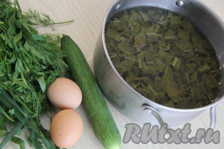 Предварительно сварить вкрутую яйца (то есть с момента закипания варить в течение 9-10 минут) затем остудить их и остудить. Я взяла один большой огурец. Если огурцы маленькие, то можно взять два огурчика. Зелень промыть водой.