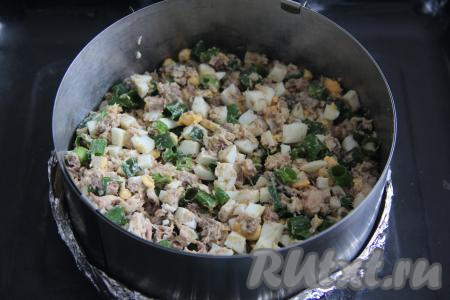 Выложить начинку поверх слоя теста.