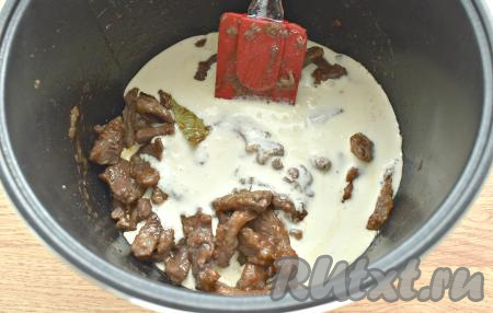 Сметану смешиваем с прохладной кипячёной водой и выливаем к мясу в мультиварку. Если хотите чтобы подливки было побольше, то добавьте ещё немного воды. Перемешиваем.