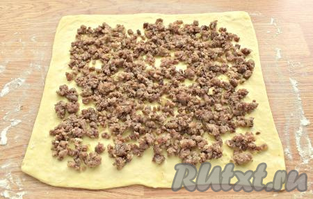 Ровным слоем выкладываем на раскатанный пласт теста мясную начинку, оставляя от краёв теста по 2 сантиметра.