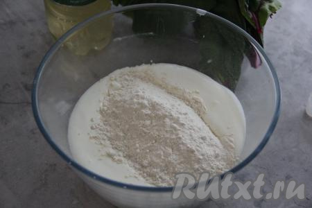 Кефир влить в глубокую миску, всыпать соду, хорошо перемешать и оставить на 5 минут (за это время сода погасится), затем всыпать муку и соль.