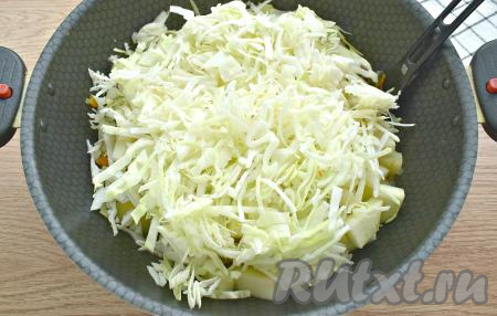 Следом добавляем тонко нарезанную капусту.
