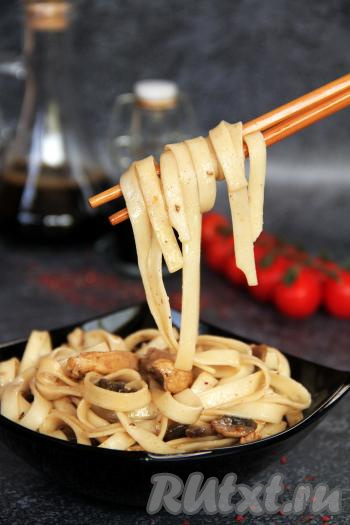 Подать удон с курицей и грибами в горячем виде. Это блюдо получается и вкусным, и сытным, а готовится и просто, и достаточно быстро.