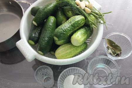 Подготовить продукты для приготовления маринованных огурцов под капроновой крышкой на зиму. Огурцы хорошо вымыть, если есть время, то можно замочить огурцы в холодной воде на 5-6 часов. Чеснок почистить, укроп и смородиновый лист промыть. Срезать кончики у огурчиков с двух сторон.