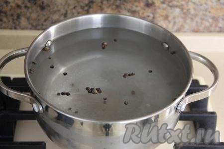 В кастрюлю влить воду, добавить соль и перец, перемешать. Поставить кастрюлю на огонь.