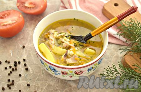 Рассольник, приготовленный из курицы с рисом и солёными огурцами, получается наваристым, в меру густым, вкусным и сытным. Разливаем суп по тарелкам и угощаемся!