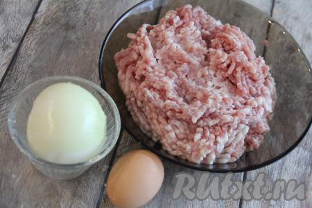 Почистить луковицу. Зелень вымыть. Мясо (я взяла свинину) пропустить через мясорубку. Можно использовать покупной фарш.