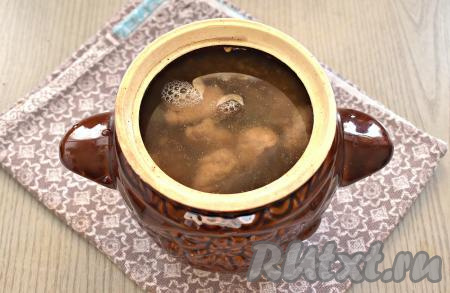 Вливаем в горшочки тёплую кипячёную воду так, чтобы жидкость была выше содержимого горшочков на 1,5 сантиметра.