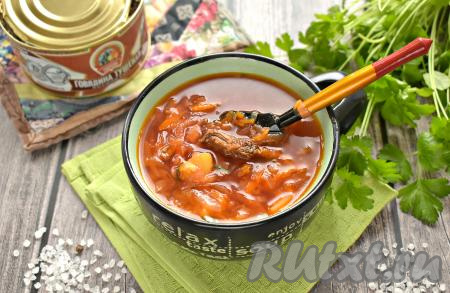 Разливаем вкусный, в меру густой борщ с тушёнкой по тарелкам и подаём к столу. В качестве дополнения я подала сметану.