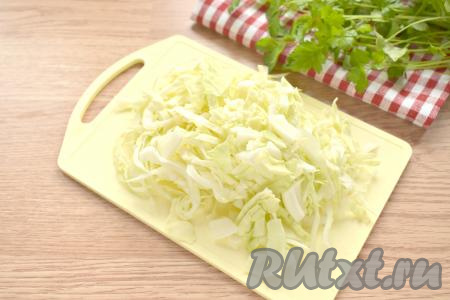 Сразу же добавляем в кастрюлю свежую белокочанную капусту, нарезанную на тонкие полоски, даём закипеть, а затем варим овощи на небольшом огне минут 15.