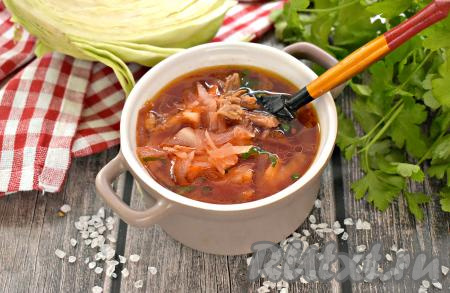 Борщ, приготовленный из утки со свежей капустой, получился наваристым, аппетитным и очень вкусным, разливаем его по тарелкам и подаём к столу со сметанкой.