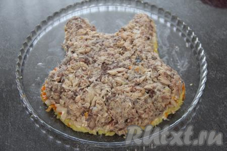 Рыбные консервы размять вилкой и выложить следующим слоем.