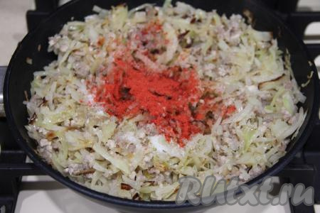 Жарить капусту с фаршем минут 10, иногда помешивая, на небольшом огне, затем посолить и добавить любые специи (у меня - паприка), перемешать нашу начинку для пирога.