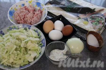 Подготовить продукты для приготовления пирога из лаваша с капустой и фаршем в духовке. Фарш можно использовать любой (я для получения фарша пропустила через мясорубку кусочки свинины и куриного мяса). Луковицу очистить. Капусту нарезать достаточно тонко.