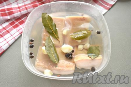 Куски сала сразу же заливаем горячим рассолом с чесноком и специями (сало должно полностью быть покрыто рассолом). Контейнер (или банку) накрываем крышкой, остужаем сало в рассоле при комнатной температуре. Затем сало в рассоле ставим в холодильник просаливаться на 3 суток.