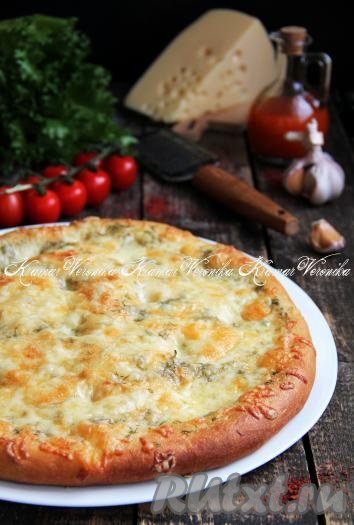 Воздушную, аппетитную сырную лепёшку, испечённую из дрожжевого теста, достать из духовки и подать к столу в тёплом виде.