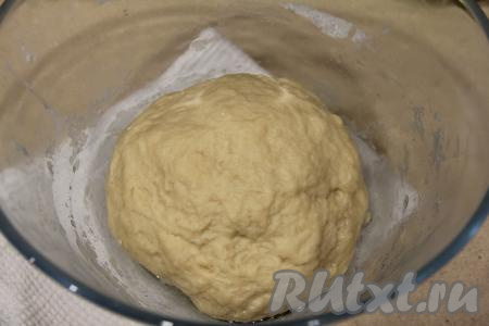 Замесить мягкое, нежное и пластичное тесто, вымешивать руками не менее 10 минут. Оставить тесто в миске, накрыв полотенцем (или пищевой плёнкой), в тёплом месте на 1 час.
