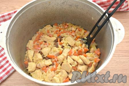 Даём воде закипеть, а затем готовим плов с курицей и изюмом на небольшом огне под крышкой 20 минут. Вода должна полностью выпариться. Снимаем с огня, перемешиваем плов и можно раскладывать по тарелкам.