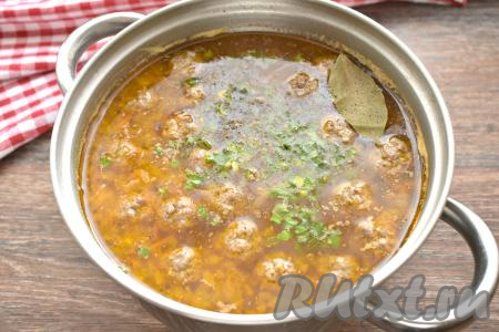 В конце приготовления солим щи, перчим, добавляем лавровый лист, нарезанный зелёный лук, даём закипеть, затем провариваем 2-3 минуты, убираем с огня, накрываем крышкой.