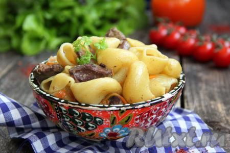 Макароны с куриной печенью в мультиварке