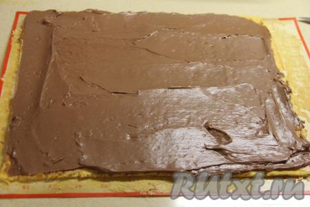 Выложить получившийся крем на корж и разровнять. Тонкие краешки коржа я отрезала.