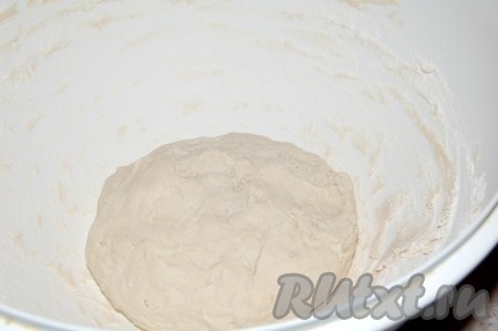 Добавить муку в миску с водой и дрожжами. Замесить тесто. Оставить его в теплом месте на 1 час.