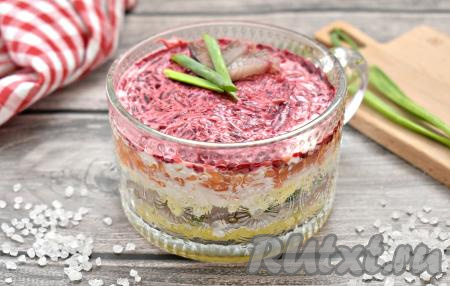 "Селёдка под шубой", приготовленная с зелёным луком, получилась вкусной, сытной, аппетитной. Из предложенного количества ингредиентов выходит 2-3 порции салата.