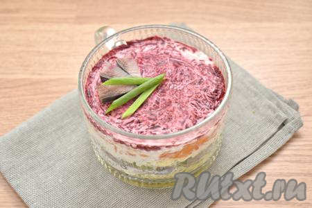 "Селёдка под шубой" готова, но её обязательно нужно поставить в холодильник для пропитки слоёв на 1-2 часа. Затем украшаем салат по своему усмотрению и подаём к столу.