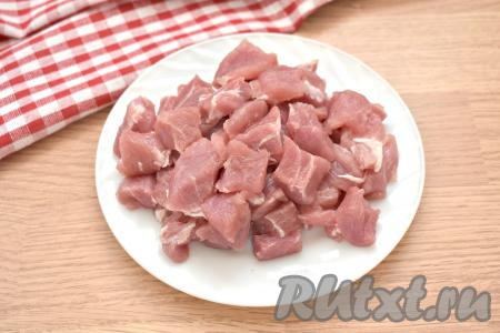 Моем мякоть свинины, обсушиваем и нарезаем на небольшие кубики со сторонами примерно 1,5-2 сантиметра. Очищаем луковицу.