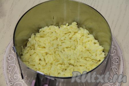 Поставить на плоскую тарелку кулинарное кольцо (я взяла кольцо диаметром 16 сантиметров). Картошку натереть на крупной тёрке, выложить в кольцо первым слоем и слегка посолить.