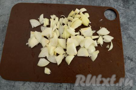 Лук очистить от шелухи и нарезать на достаточно тонкие кольца (или полукольца). Подсолить лук по вкусу.