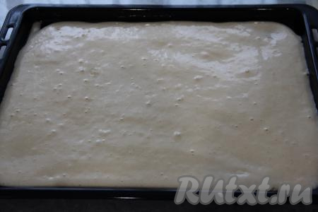 На противень (у меня противень размером 50 на 40 сантиметров), застеленный пергаментом (или ковриком для выпечки), выложить равномерно тесто.