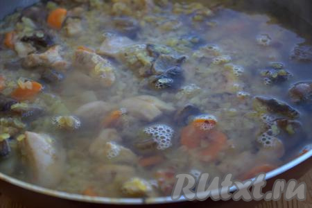 Затем содержимое сковороды аккуратно разровнять, влить горячую кипячёную воду, дать воде закипеть, накрыть сковороду крышкой, огонь уменьшить до минимума. Томить булгур с курицей и грибами на сковороде до готовности крупы и испарения жидкости (минут 15-20). Булгур должен стать рассыпчатым. Готовое блюдо ещё раз хорошо перемешать, накрыть крышкой и дать постоять минут 5.