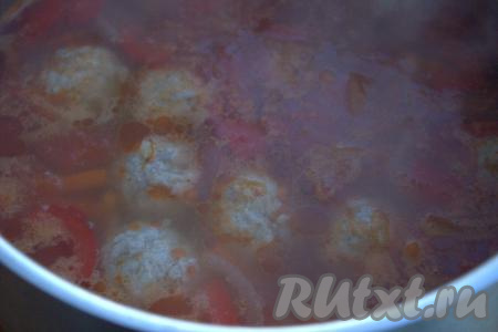 После закипания воды выложить фрикадельки, дать закипеть, а затем варить овощи с фрикадельками до полной готовности картошки на небольшом огне (минут 15-20).