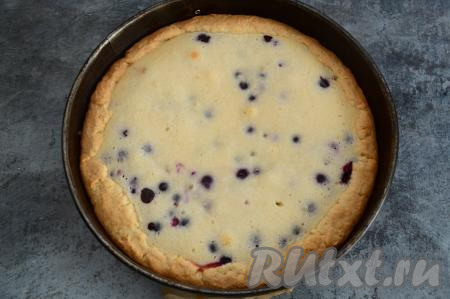 Пирог с чёрной смородиной выпекать в разогретой духовке минут 55-60 при температуре 180 градусов. Готовность нужно проверять по сметанной заливке, она должна снаружи покрыться корочкой, а внутри стать достаточно плотной (плотность заливки можно проверить, проколов её зубочисткой).