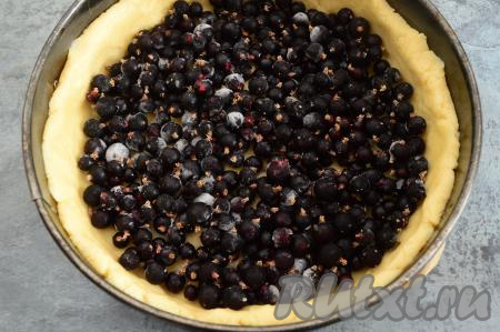 Замороженную (или свежую) чёрную смородину равномерно выложить на тесто.