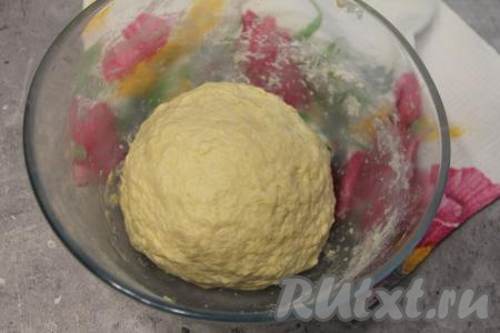 Сразу влить опару в миску и замесить тесто. Сначала перемешивать тесто ложкой, а затем вымесить его хорошо руками. Песочно-дрожжевое тесто&nbsp;должно немного липнуть к рукам. Оставить тесто в миске для подъёма на 1 час в тёплом месте, накрыв полотенцем.