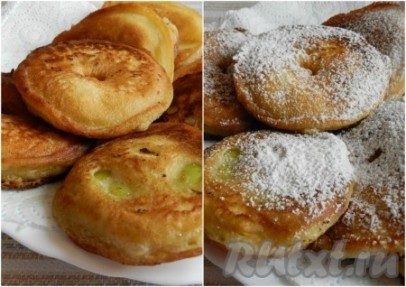 Яблоки, жареные в кляре, перекладывать со сковороды на салфетку, чтобы стекло лишнее масло, и ещё горячими посыпать их сахарной пудрой. Постепенно обжарить все кружочки яблок, покрытые кляром.