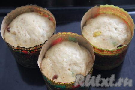 Тесто в формах поднимется. Формы с поднявшимся тестом поставить в разогретую духовку и выпекать миндальные куличи минут 45-50 при температуре 180 градусов.