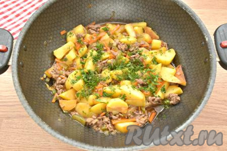 Доводим воду до кипения, а после этого тушим азу с фаршем на слабом огне 25 минут под закрытой крышкой, картошка должна стать мягкой. Готовое блюдо, по желанию, посыпаем мелко нарезанной свежей зеленью (я посыпала укропом).