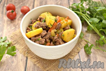 Раскладываем сытное, аппетитное азу с фаршем по тарелкам и подаём к столу. Уверена, это вкусное, насыщенное блюдо понравится всей семье!